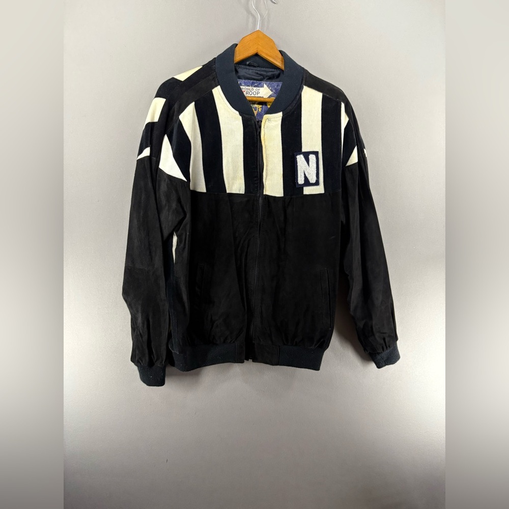 Vtg Troop Champion Suede  Jacket Black White Retro Hip Hop Bomber Coat Large